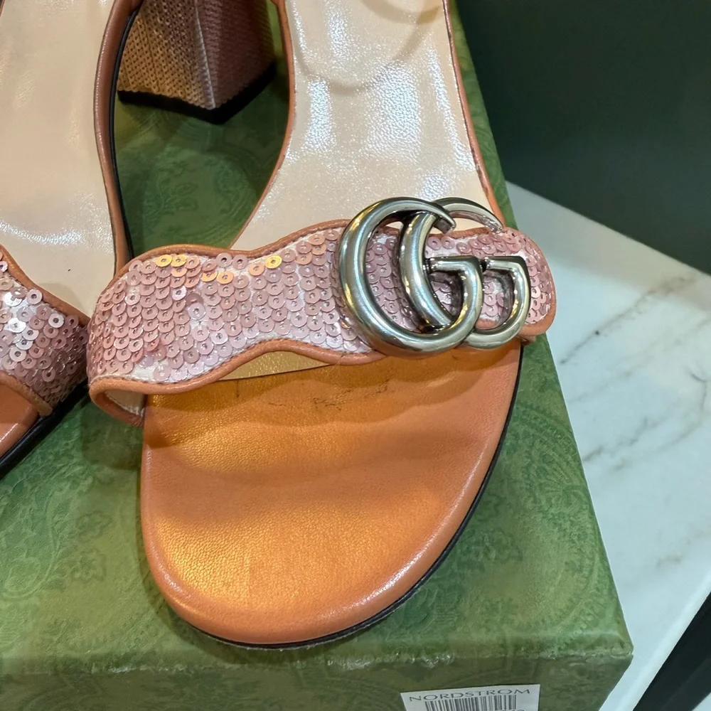 Gucci Pink Sequin Block Heel Sandals